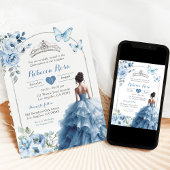 Elegant Silver Dusty Blue Butterfly Quinceañera Einladung