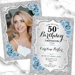 Elegant Silver Dusty Blue Foto 50. Geburtstag Einladung<br><div class="desc">Elegante florale feminine 50. Geburtstagseinladung mit Ihrem Foto auf der Kartenrückseite. Glam staubblaues Design mit Imitaten Glitzer Silber. Verfügt über silberne Streifen, hellblaue Rose, Skript-Schriftart und Konfetti. Ideal für ein stilvolles Party für Erwachsene. Personalisieren Sie Ihre persönlichen Daten. Kann für jedes Alter angepasst werden! Gedruckte Zazzle Einladungen oder Sofortdownload digitalen...</div>