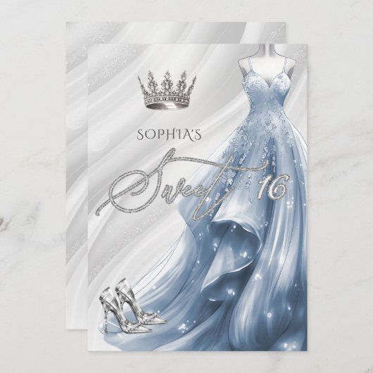 Elegant Silver Dusty Blue Sparkle Dress Sweet 16 Einladung (Vorne/Hinten)