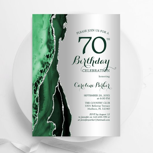 Elegant Silver Emerald Green Agate 70. Geburtstag Einladung