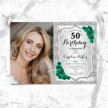 Elegant Silver Emerald Green Foto 50. Geburtstag Einladung<br><div class="desc">Elegante florale feminine 50. Geburtstagseinladung mit Ihrem Foto. Glam-Design mit Imitaten Glitzer Silber. Enthält Streifen,  smaragdgrüne Rose,  Skript-Schriftart und Konfetti. Ideal für ein stilvolles Party für Erwachsene. Personalisieren Sie Ihre persönlichen Daten. Kann für jedes Alter angepasst werden! Gedruckte Zazzle Einladungen oder Sofortdownload digitalen druckbaren Vorlage.</div>