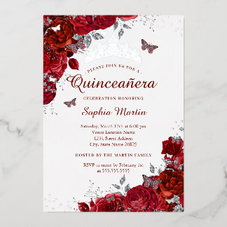 Elegant Silver Floral Butterfly Red Quinceanera Folieneinladung