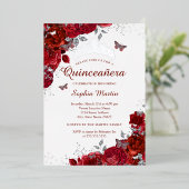 Elegant Silver Floral Butterfly Red Quinceanera Folieneinladung (Stehend vorne)