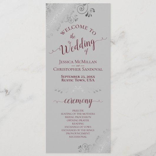 Elegant Silver Frills Burgundy auf Gray Wedding Programm (Vorderseite)