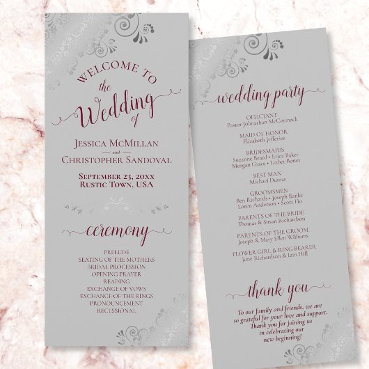 Elegant Silver Frills Burgundy auf Gray Wedding Programm