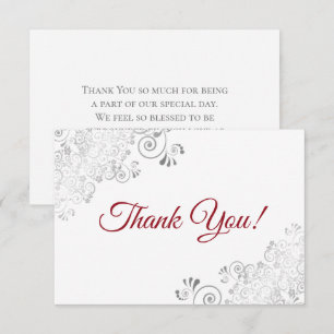 Elegant Silver Frills Rotes Skript auf White Weddi Dankeskarte