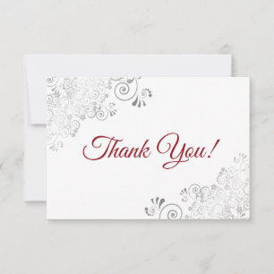 Elegant Silver Frills Rotes Skript auf White Weddi Dankeskarte