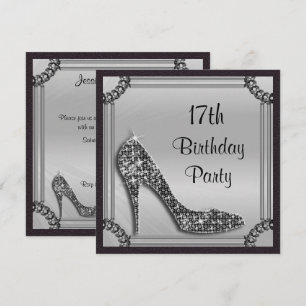 Elegant Silver Gerahmt Black Stiletto 17. Geburtst Einladung