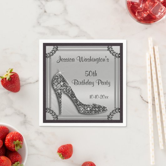 Elegant Silver Gerahmt Black Stiletto 50. Geburtst Serviette (Beispiel)