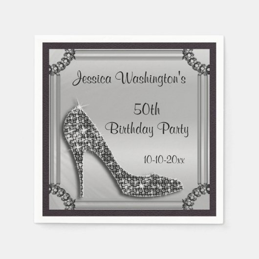 Elegant Silver Gerahmt Black Stiletto 50. Geburtst Serviette (Vorderseite)