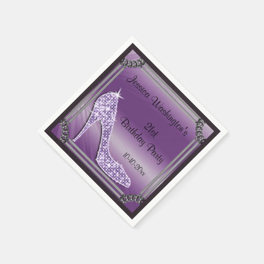 Elegant Silver Gerahmt Lilac Stiletto 21. Geburtst Serviette (Ecke)
