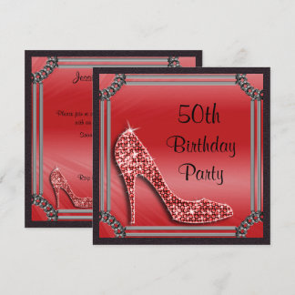 Elegant Silver Gerahmt Red Stiletto 50. Geburtstag Einladung