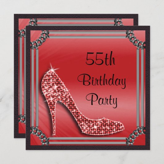 Elegant Silver Gerahmt Red Stiletto 55. Geburtstag Einladung (Vorne/Hinten)