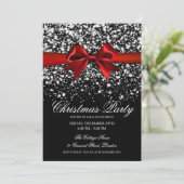 Elegant Silver Glam Red Bow Christmas Party  Einladung (Stehend Vorderseite)