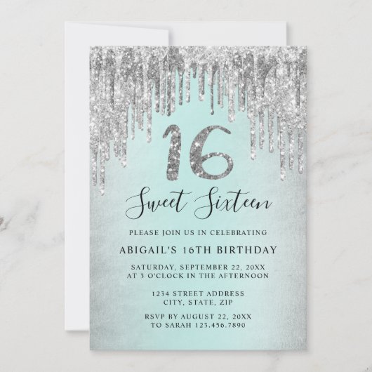 Elegant silver glitter drips sweet sixteen photo einladung (Vorderseite)