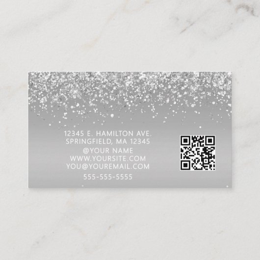 Elegant Silver Glitter Photo QR Code  Visitenkarte (Rückseite)