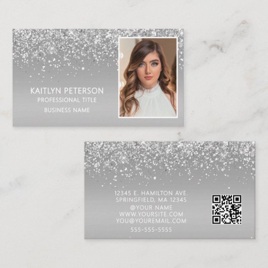 Elegant Silver Glitter Photo QR Code  Visitenkarte (Vorne/Hinten)