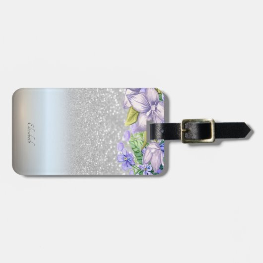Elegant Silver Glitzer Bokeh Ombre, Blume Gepäckanhänger (Vorderseite horizontal)