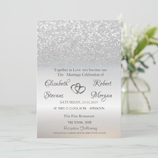 Elegant Silver Glitzer Bokeh Wedding Einladung (Stehend Vorderseite)