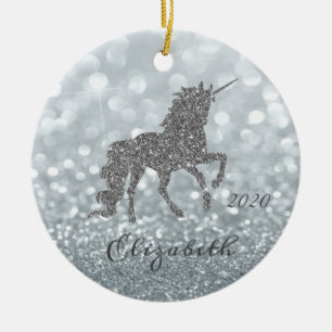 Elegant Silver Glitzer Unicorn Bokeh Keramik Ornament