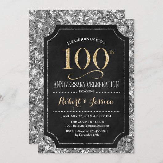 Elegant Silver Gold Black 100 Jahre alt Einladung (Vorne/Hinten)