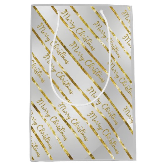 Elegant Silver Gold Frohe Weihnachten Mittlere Geschenktüte (Vorderseite)