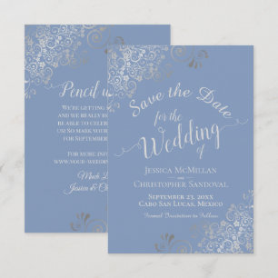 Elegant Silver Gray Lace Periwinkle Blue Wedding Save The Date