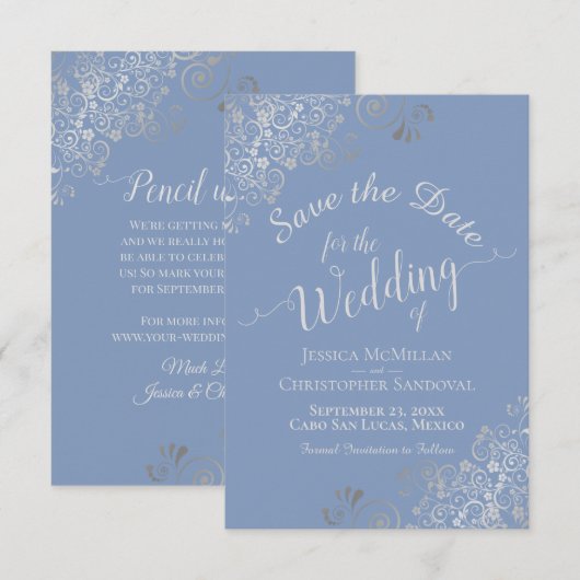 Elegant Silver Gray Lace Periwinkle Blue Wedding Save The Date (Vorne/Hinten)