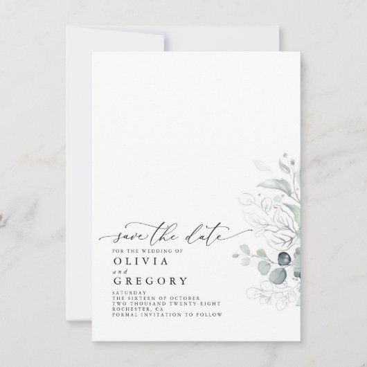 Elegant Silver Greenery Ankündigung Datum freihalt (Vorderseite)