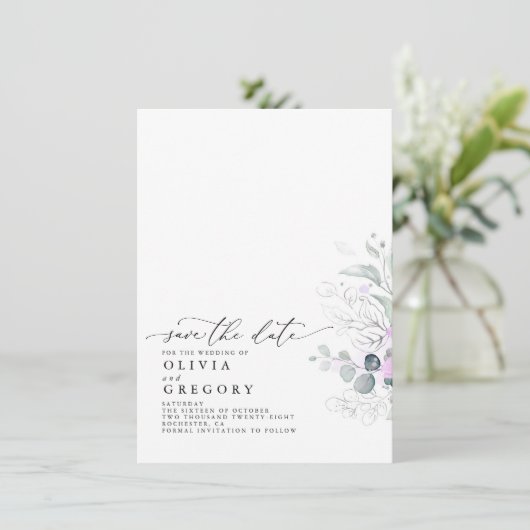 Elegant Silver Greenery Save the Date Ankündigung (Stehend Vorderseite)
