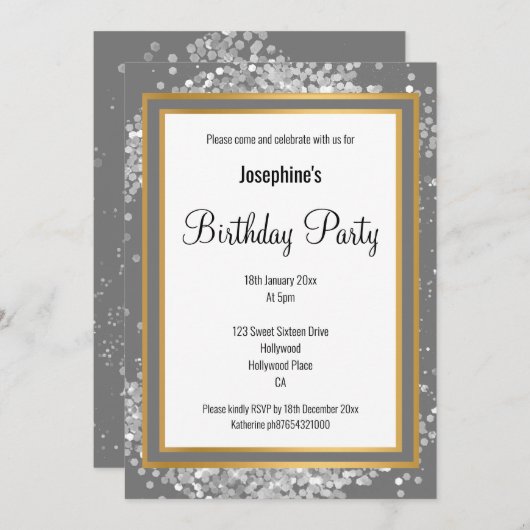 ELEGANT SILVER HOLOGRAPHIC GOLD BIRTHDAY EINLADUNG (Vorne/Hinten)