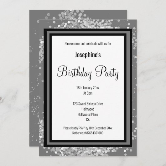 ELEGANT SILVER HOLOGRAPHIC GRAY BLACK BIRTHDAY EINLADUNG (Vorne/Hinten)