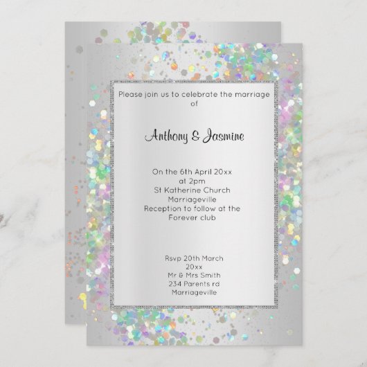 ELEGANT SILVER HOLOGRAPHIC PASTEL WEDING EINLADUNG (Vorne/Hinten)