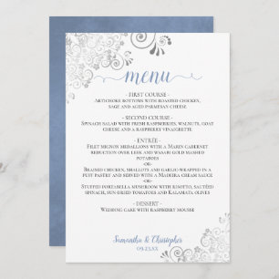 Elegant Silver Lace Dusty Blue auf White Wedding Menükarte