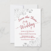 Elegant Silver Lace Filigree Red auf White Wedding Save The Date (Vorderseite)