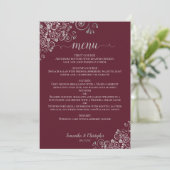Elegant Silver Lace Frills on Burgundy Wedding Menükarte (Stehend Vorderseite)