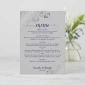 Elegant Silver Lace Navy Blue on Gray Wedding Menükarte (Stehend Vorderseite)
