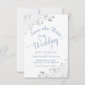 Elegant Silver Lace Periwinkle Blue White Wedding Save The Date (Vorderseite)