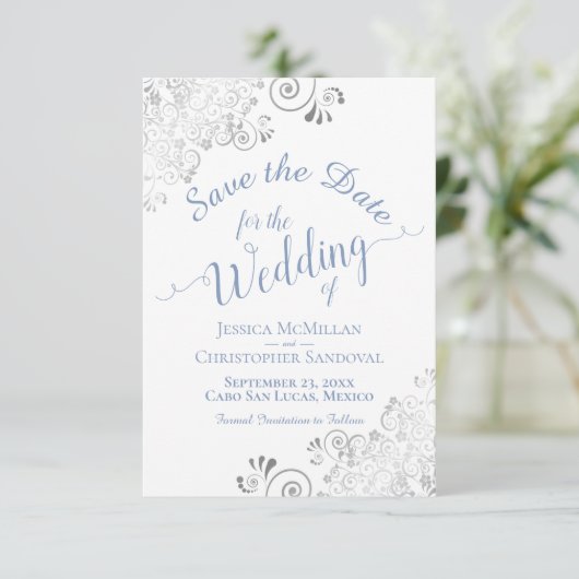 Elegant Silver Lace Periwinkle Blue White Wedding Save The Date (Stehend Vorderseite)