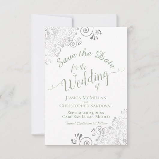 Elegant Silver Lace Sage Green auf White Wedding Save The Date (Vorderseite)