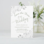 Elegant Silver Lace Sage Green auf White Wedding Save The Date (Stehend Vorderseite)