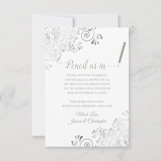 Elegant Silver Lace Sage Green auf White Wedding Save The Date (Rückseite)