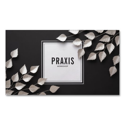 Elegant Silver Leaf Branch Minimalist Black Magnetische Visitenkarte (Vorderseite)
