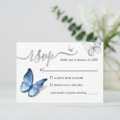 Elegant Silver Light Baby Blue Butterfly Wedding RSVP Karte (Stehend Vorderseite)
