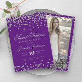 Elegant Silver Lila Confetti Foto Sweet 16 Einladung