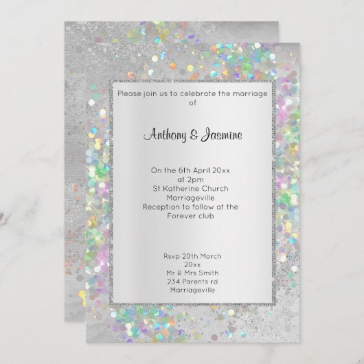 ELEGANT SILVER MARBLE HOLOGRAPHIC PASTEL WEDING EINLADUNG (Vorne/Hinten)