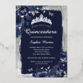 Elegant Silver Navy Blume Quinceanera Folieneinladung (Vorderseite)