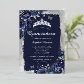 Elegant Silver Navy Blume Quinceanera Folieneinladung (Stehend vorne)