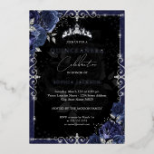 Elegant Silver Navy Rose Quinceanera Folieneinladung (Vorderseite)
