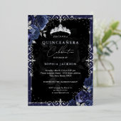 Elegant Silver Navy Rose Quinceanera Folieneinladung (Stehend vorne)